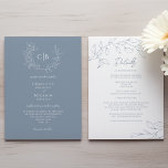 Dusty Blue Minimal Wedding Monogram All In One Invitation<br><div class="desc">This dusty blue minimal wedding monogram all in one invitation design perfectly embodies a modern romantic aesthetic. Featuring a classic blend of dusty blue background with minimal white leaf patterns gracefully complemented by a simple calligraphy script paired with an understated serif font. The result is a perfectly polished feel for...</div>