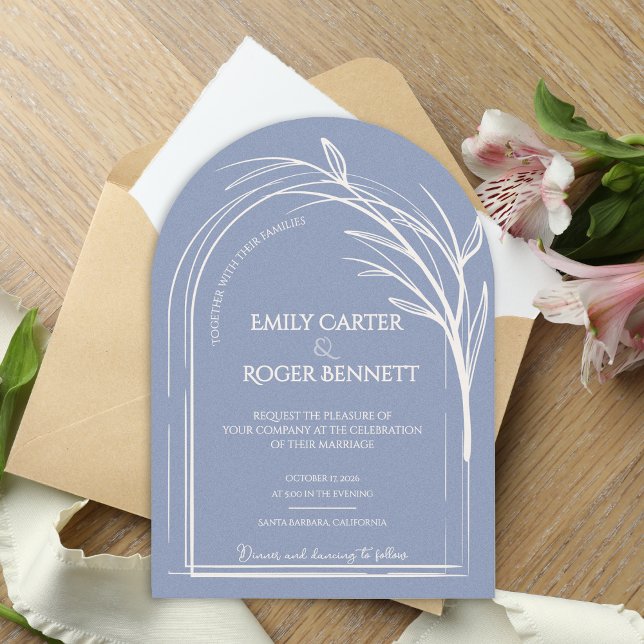 Dusty Blue Minimalist Arch Botanical Wedding Invitation (Dusty Blue Minimalist Arch Botanical Wedding Invitation | Modern Elegant Line Art Wedding Invite)