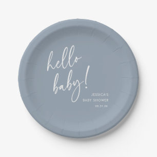 Dusty Blue Minimalist Boho Hello Baby Shower Paper Plates