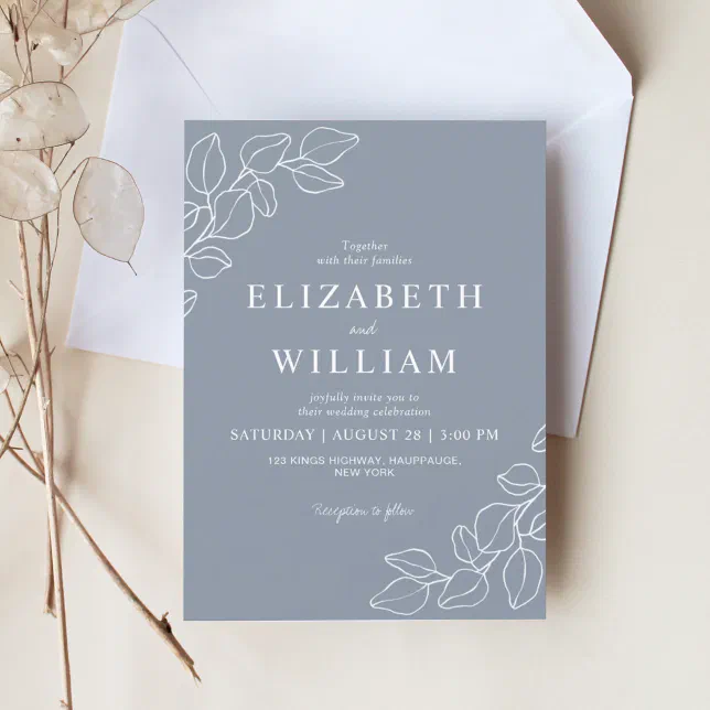 Dusty Blue Minimalist Botanical Wedding Invitation | Zazzle