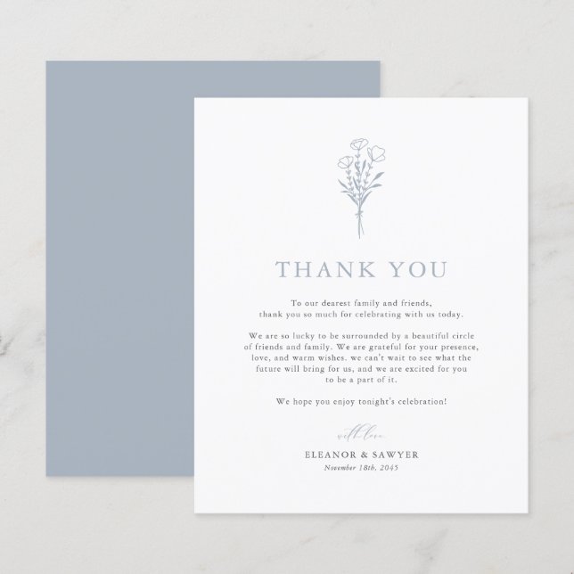 Dusty Blue Minimalist Botanicals Wedding Thank You (Front/Back)
