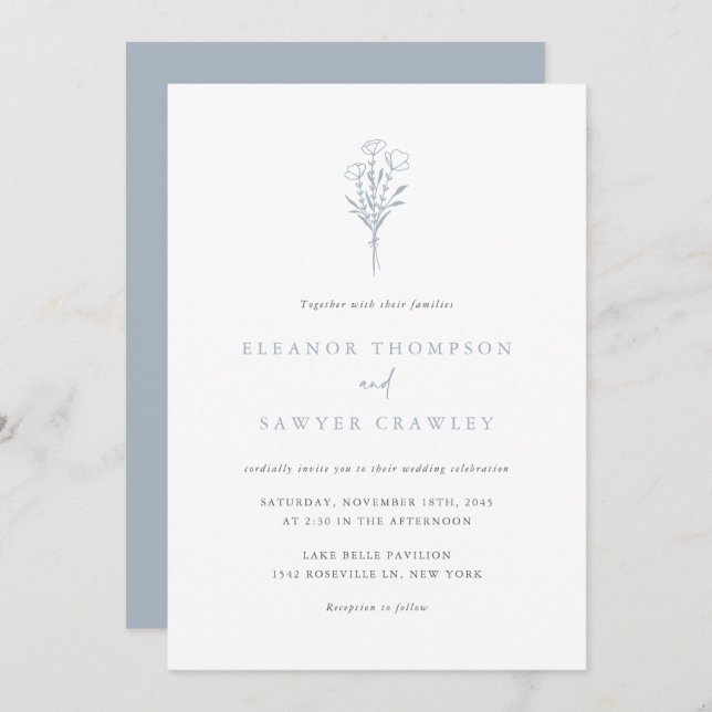 Dusty Blue Minimalist Bouquet QR Code Wedding Invitation (Front/Back)