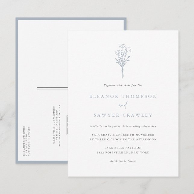 Dusty Blue Minimalist Bouquet QR Code Wedding Invitation Postcard (Front/Back)