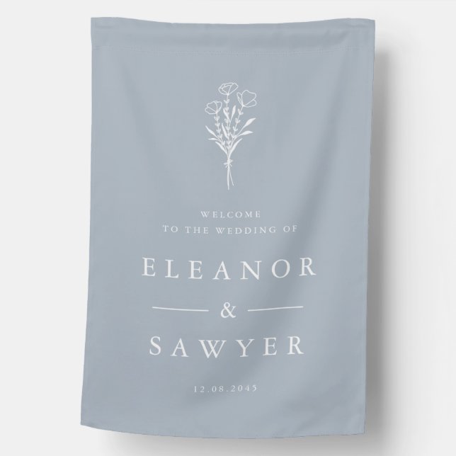 Dusty Blue Minimalist Bouquet Wedding Welcome House Flag (Front)