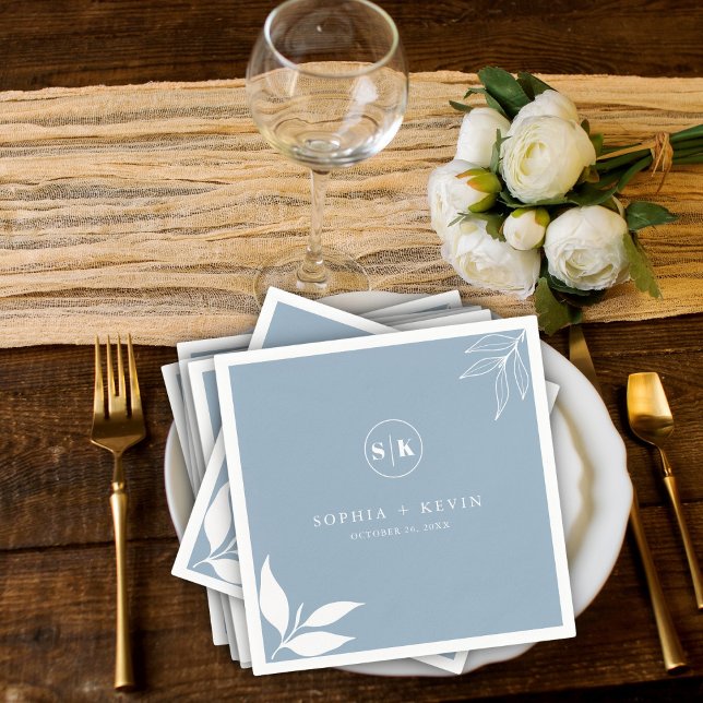 Dusty Blue Minimalist Branch Leaves Initials Logo Napkins (Creator Uploaded)