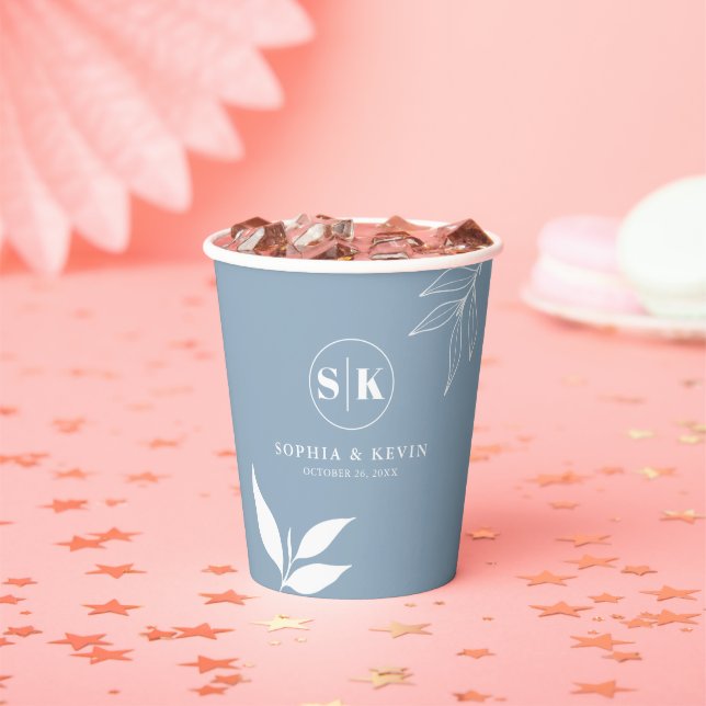 Dusty Blue Minimalist Branch Leaves Initials Logo Paper Cups (Insitu)