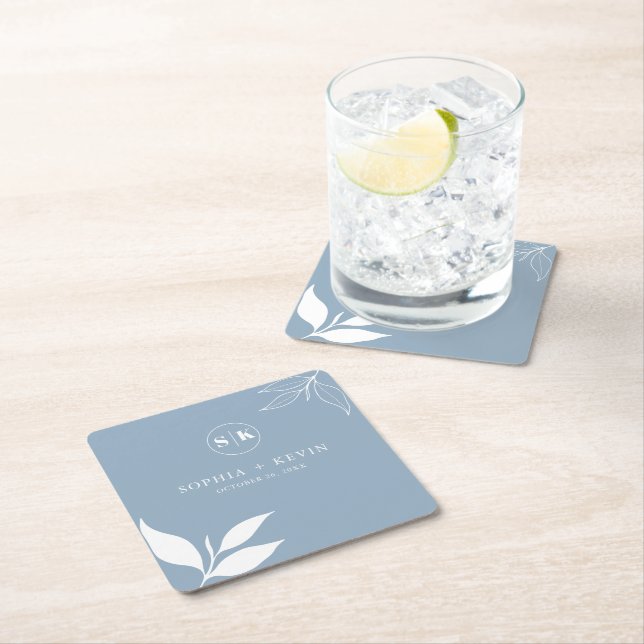 Dusty Blue Minimalist Branch Leaves Initials Logo  Square Paper Coaster (Insitu)