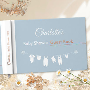 Dusty Blue Minimalist Clothesline Baby Boy Shower Foil Guest Book