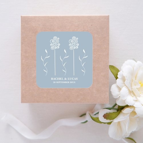 Dusty Blue Minimalist Curly Floral Square Square Sticker