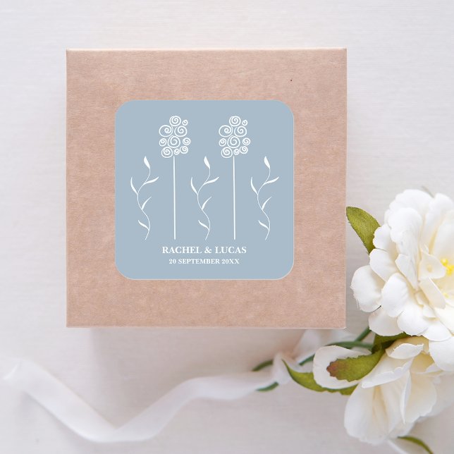 Dusty Blue Minimalist Curly Floral Square Sticker (Creator Uploaded)
