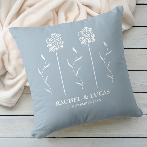 Dusty Blue Minimalist Curly Floral Throw Pillow