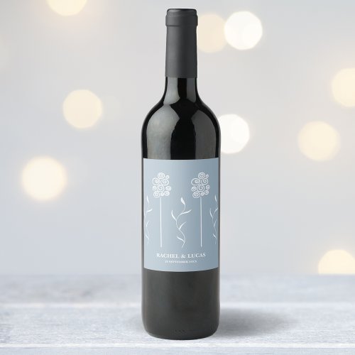 Dusty Blue Minimalist Curly Floral Wine Label