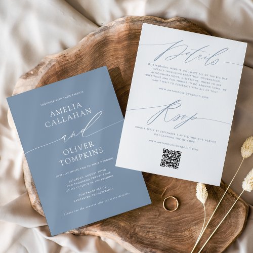 Dusty Blue Minimalist Double_Sided Wedding Invitation