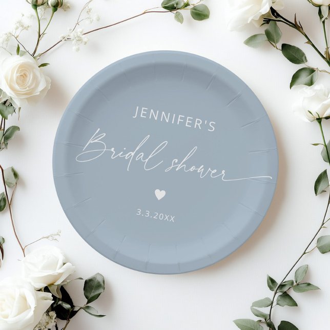 Dusty blue minimalist elegant calligraphy bridal paper plates (Creator Uploaded)