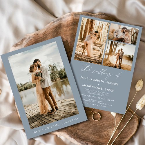Dusty Blue Minimalist Elegant Photo Wedding  Invitation