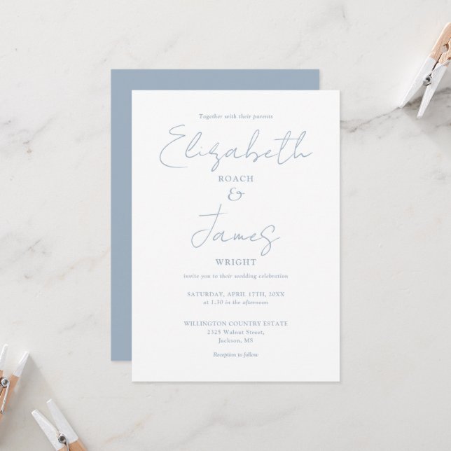 Dusty Blue Minimalist Elegant QR Code Wedding Invitation (Front/Back In Situ)