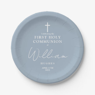 Dusty Blue Minimalist First Holy Communion Paper Plates
