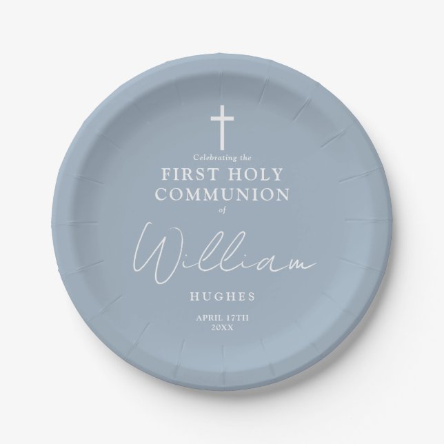 Dusty Blue Minimalist First Holy Communion Paper Plates (Front)