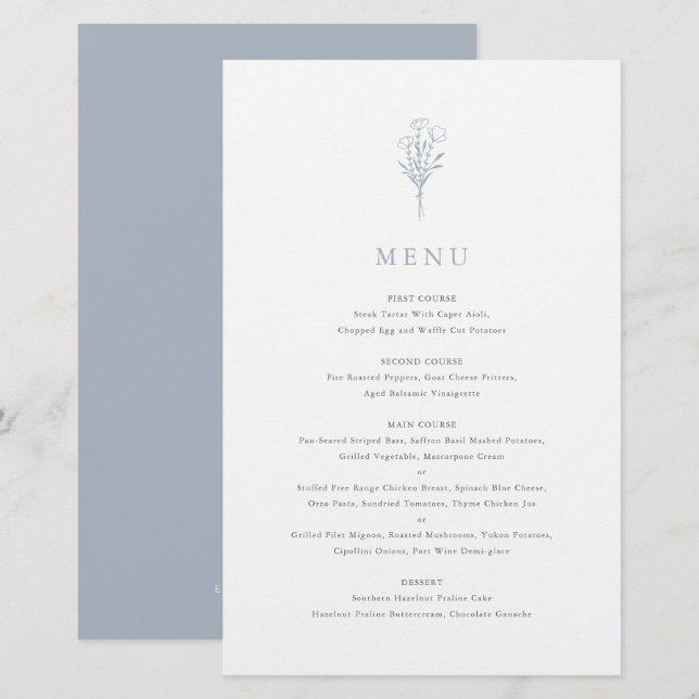 Dusty Blue Minimalist Floral Bouquet Menu Card (Front/Back)