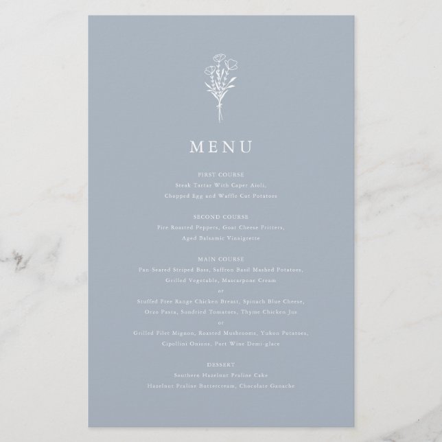 Dusty Blue Minimalist Floral Bouquet Menu Card (Front)