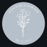 Dusty Blue Minimalist Floral Bouquet Wedding Classic Round Sticker<br><div class="desc">Send thanks with these customizable wedding stickers. It features a minimalist floral bouquet, handwritten script and simple typography. Personalize these minimalist stickers by adding names and date. These floral wedding stickers are perfect for weddings, bridal showers, engagement parties, and so much more. Tailor your botanical wedding stickers to match your...</div>