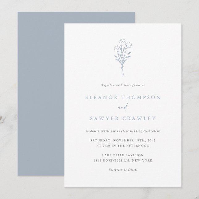 Dusty Blue Minimalist Floral Bouquet Wedding Invitation (Front/Back)