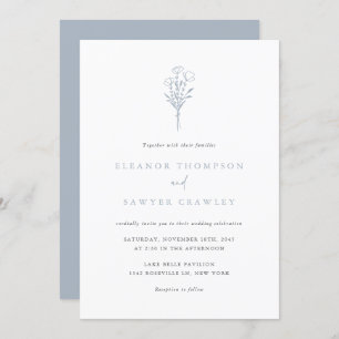 Dusty Blue Minimalist Floral Bouquet Wedding Invitation