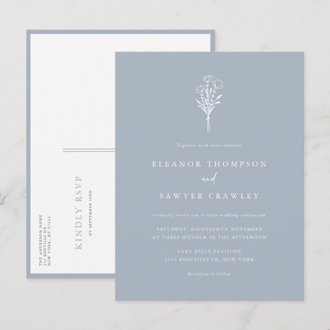 Dusty Blue Minimalist Floral Bouquet Wedding Invitation Postcard (Front/Back)