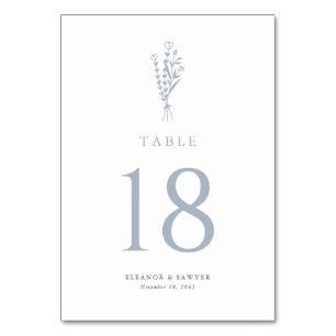 Dusty Blue Minimalist Floral Bouquet Wedding Table Number