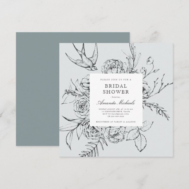 Dusty Blue Minimalist Floral Line Bridal Shower Invitation (Front/Back)