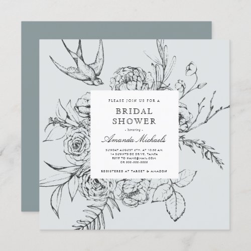 Dusty Blue Minimalist Floral Line Bridal Shower Invitation