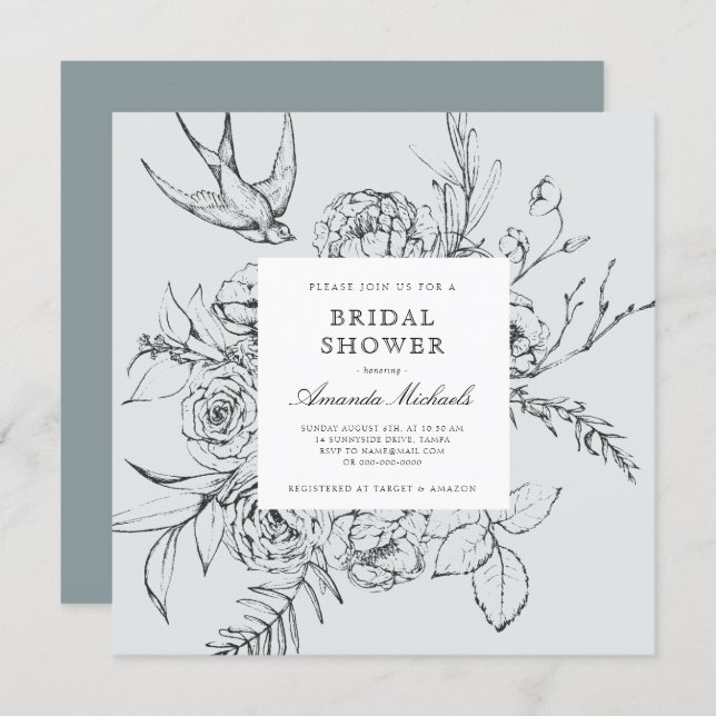 Dusty Blue Minimalist Floral Line Bridal Shower Invitation (Front/Back)