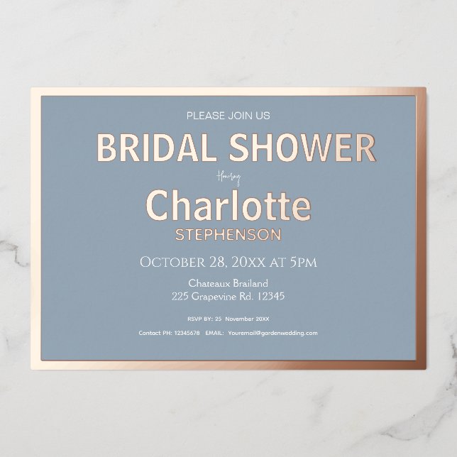 Dusty Blue Minimalist Gold Border Bridal Shower Foil Invitation (Front)