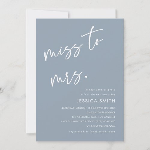 Dusty Blue Minimalist Miss to Mrs. Bridal Shower Invitation