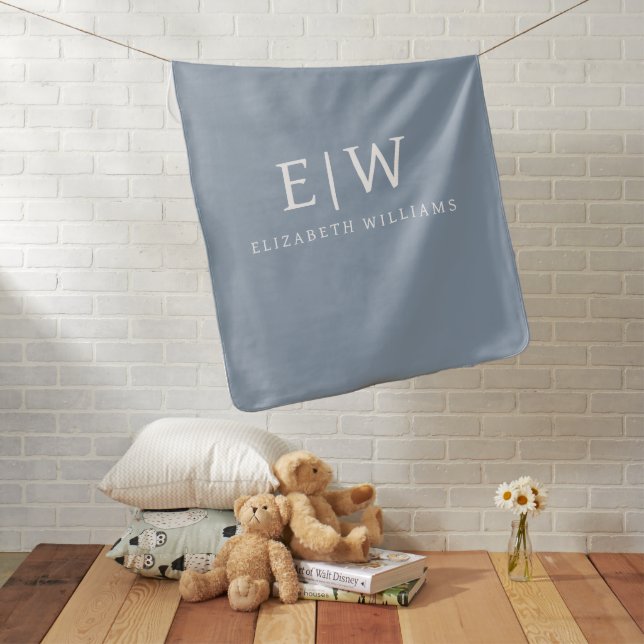 Dusty Blue Minimalist Modern Monogram Elegant Baby Blanket (In Situ)