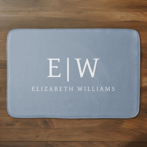 Dusty Blue Minimalist Modern Monogram Elegant Bath Mat