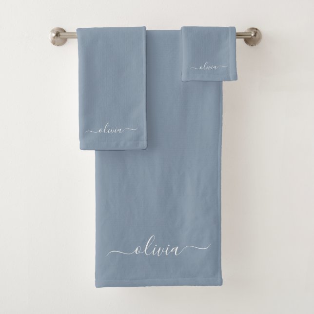 Dusty Blue Minimalist Modern Monogram Elegant Bath Towel Set (Insitu)