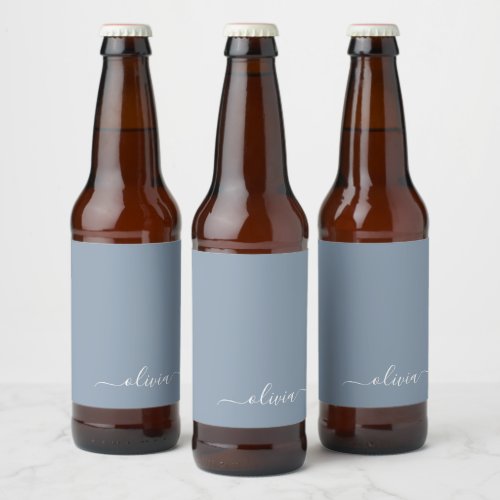 Dusty Blue Minimalist Modern Monogram Elegant Beer Bottle Label