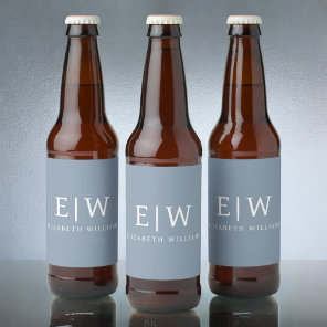 Dusty Blue Minimalist Modern Monogram Elegant Beer Bottle Label