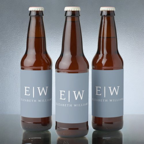 Dusty Blue Minimalist Modern Monogram Elegant Beer Bottle Label