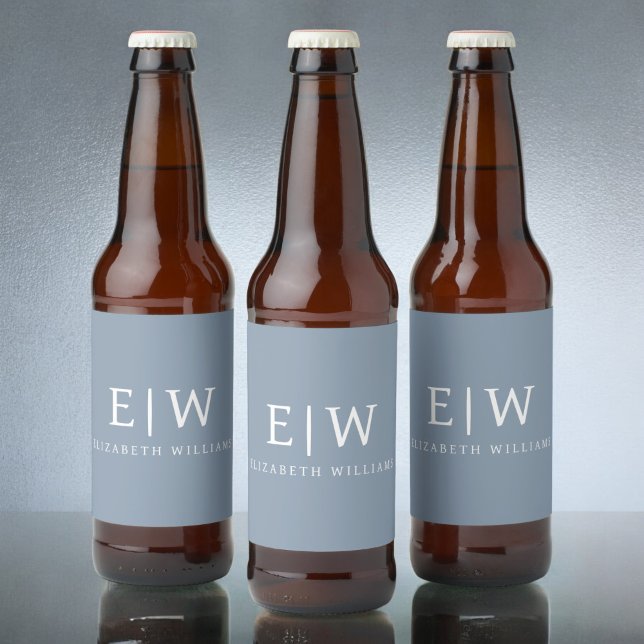 Dusty Blue Minimalist Modern Monogram Elegant Beer Bottle Label (Creator Uploaded)