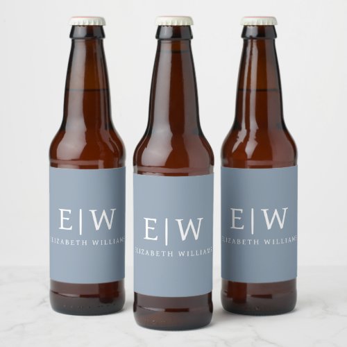 Dusty Blue Minimalist Modern Monogram Elegant Beer Bottle Label