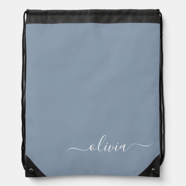 Dusty Blue Minimalist Modern Monogram Elegant Drawstring Bag (Front)
