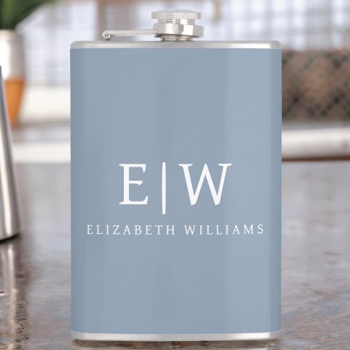 Dusty Blue Minimalist Modern Monogram Elegant Flask