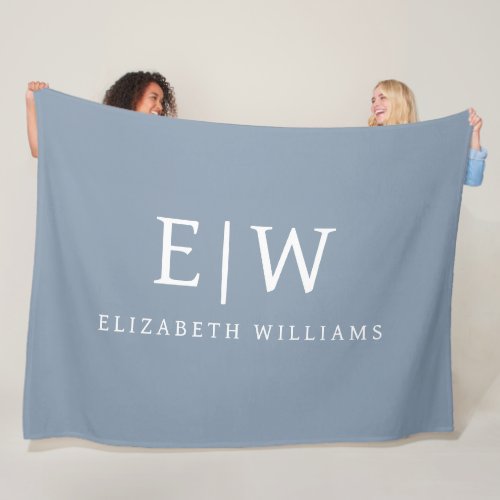 Dusty Blue Minimalist Modern Monogram Elegant Fleece Blanket