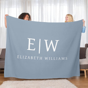 Dusty Blue Minimalist Modern Monogram Elegant Fleece Blanket