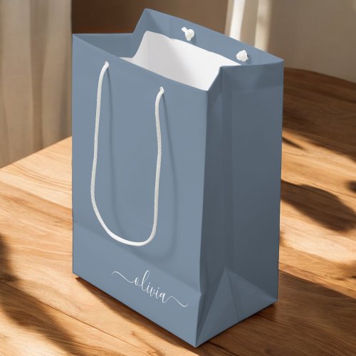 Dusty Blue Minimalist Modern Monogram Elegant  Medium Gift Bag