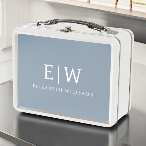 Dusty Blue Minimalist Modern Monogram Elegant Metal Lunch Box