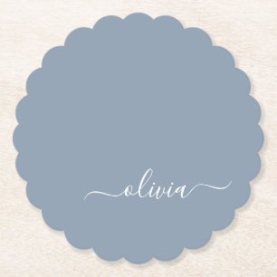Dusty Blue Minimalist Modern Monogram Elegant Paper Coaster