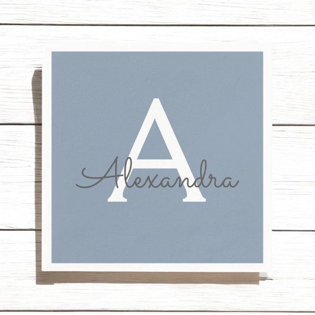 Dusty Blue Minimalist Modern Monogram Elegant  Paper Napkins (Creator Uploaded)